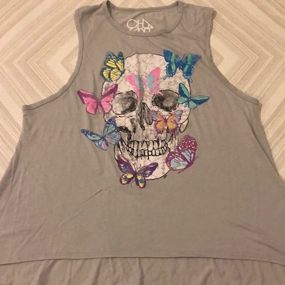 Chaser Grey Skull & Butterflies Tank Top